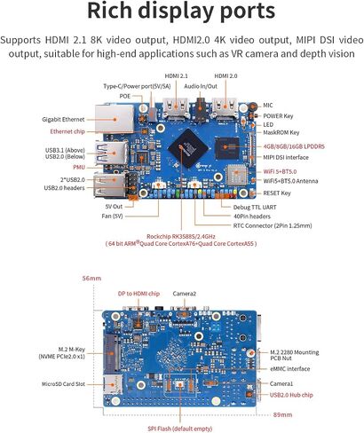Orange Pi 5 Pro 16GB LPDDR5 8 Core 64 Bit Single Board Computer ، RK3588S 8K Decoding 2.4GHz التردد WiFi Bluetooth Open Source Board Run Orange Pi OS ، Android ، Debian ، Ubuntu in Kuwait