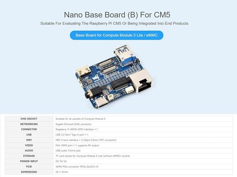 Nano Base Board for Raspberry Pi Compute Module 5 Lite/eMMC Series Board, Same Size as CM5, with CM5 Socket/40PIN GPIO Header/RJ45 Gigabit Eth/16PIN PCIe/HDMI/USB 3.2/Audio/MIPI Interface etc. in Saudi Arabia