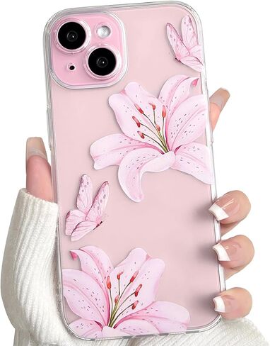 Nititop متوافق مع iPhone 15 Case Clear Cleat Cleat Butterfly Lily Flower Pattern for Women Girls Camera Career Cover Clear Slim Srockproof Phone - Pink in Kuwait