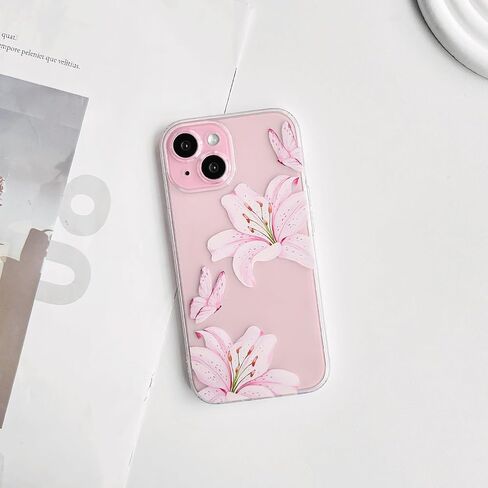 Nititop متوافق مع iPhone 15 Case Clear Cleat Cleat Butterfly Lily Flower Pattern for Women Girls Camera Career Cover Clear Slim Srockproof Phone - Pink in Kuwait