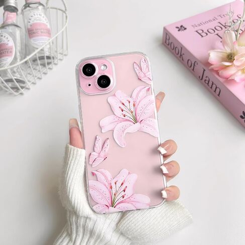 Nititop متوافق مع iPhone 15 Case Clear Cleat Cleat Butterfly Lily Flower Pattern for Women Girls Camera Career Cover Clear Slim Srockproof Phone - Pink in Kuwait