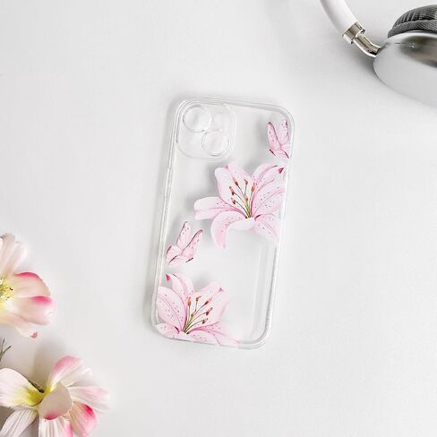 Nititop متوافق مع iPhone 15 Case Clear Cleat Cleat Butterfly Lily Flower Pattern for Women Girls Camera Career Cover Clear Slim Srockproof Phone - Pink in Kuwait