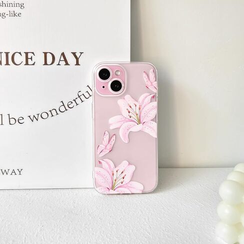 Nititop متوافق مع iPhone 15 Case Clear Cleat Cleat Butterfly Lily Flower Pattern for Women Girls Camera Career Cover Clear Slim Srockproof Phone - Pink in Kuwait