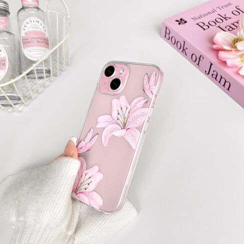 Nititop متوافق مع iPhone 15 Case Clear Cleat Cleat Butterfly Lily Flower Pattern for Women Girls Camera Career Cover Clear Slim Srockproof Phone - Pink in Kuwait