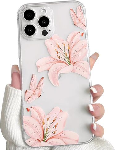 Nititop متوافق مع iPhone 15 Case Clear Cleat Cleat Butterfly Lily Flower Pattern for Women Girls Camera Career Cover Clear Slim Srockproof Phone - Pink in Kuwait