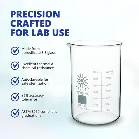 United Scientific™ 1000mL (1L) Beaker, Low Form Griffin, Boro. 3.3 Glass, Double Scale, Graduated in Saudi Arabia