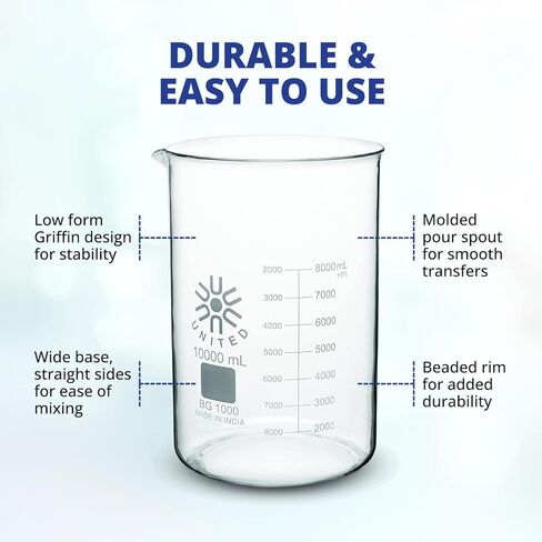 United Scientific™ 1000mL (1L) Beaker, Low Form Griffin, Boro. 3.3 Glass, Double Scale, Graduated in Saudi Arabia
