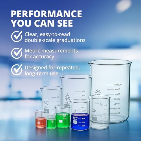 United Scientific™ 1000mL (1L) Beaker, Low Form Griffin, Boro. 3.3 Glass, Double Scale, Graduated in Saudi Arabia