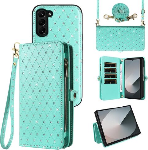 Phone Case for Samsung Galaxy Z Fold 6 5G 2024 Zipper Wallet Detachable Cell Cover with Crossbody Lanyard Strap Bling Glitter Flip Card Holder Slot ZFold6 Z6 G Fold6 6Z Women Men Girls White in Saudi Arabia