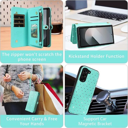 Phone Case for Samsung Galaxy Z Fold 6 5G 2024 Zipper Wallet Detachable Cell Cover with Crossbody Lanyard Strap Bling Glitter Flip Card Holder Slot ZFold6 Z6 G Fold6 6Z Women Men Girls White in Saudi Arabia