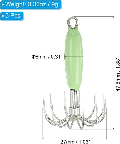 Patikil 9g خطافات خفيفة من Squid Luminous ، 5 أجزاء من الأسماك الحبار الأسماك الملحقة سحر الطعم الوهجة في الظلام مع 12 إبر من الفولاذ المقاوم للصدأ ، الأخضر in Saudi Arabia