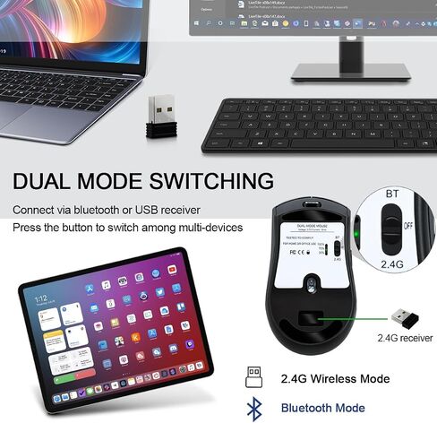 الماوس اللاسلكي بلوتوث （BT5.2+USB 2.4G مستقبل） نقرات هادئة صامتة ， تعمل مع الوضع المزدوج لأزرار الكمبيوتر المحمول/الجهاز اللوحي/Apple/Computer/Mac & Bluetooth Mouse 6 ، (G300 ، الأسود) in Kuwait