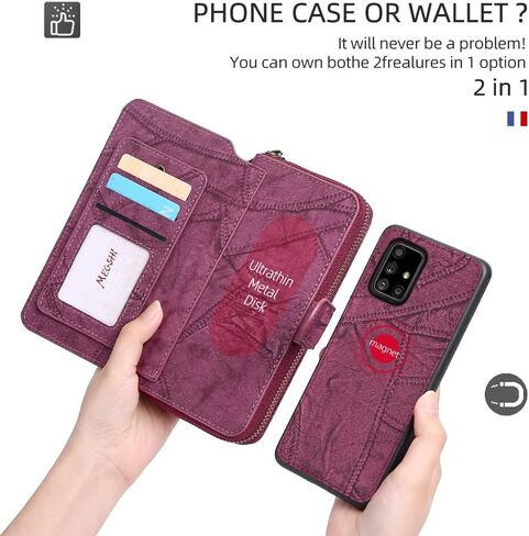 Asuwish Phone Case for Samsung Galaxy A71 5G Zipper Wallet Detachable Cover with Screen Protector and Leather Flip Mirror Card Holder Slot Cell Accessories Mobile A 71 G5 71A S71 SM Women Men Wine Red in Saudi Arabia