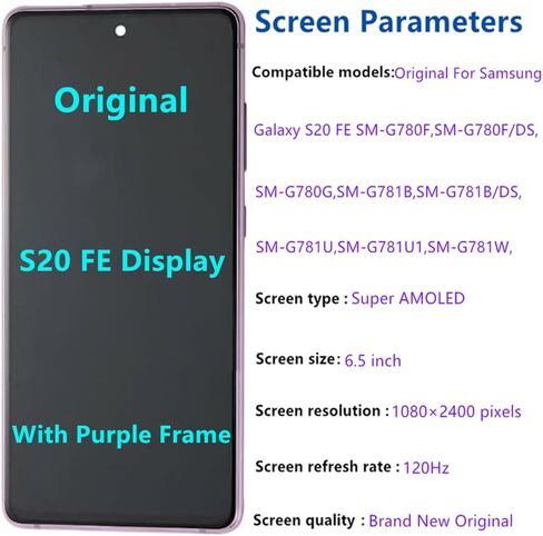 6.5 "" شاشة AMOLED الأصلية لـ Samsung Galaxy S20FE G781U G781B G780G SM-G781U1 استبدال شاشة S20 FE 5G Display Touch Screen Digitizer Assembly (مع إطار أرجواني+غطاء خلفي+أدوات) in Kuwait