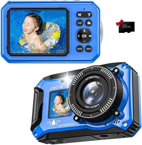 4K 56MP 33FT UHD Underwater Digital Camera for Snorkeling with 32GB Card Dual-Screen Compact Waterproof Dustproof Floatable Autofocus Point and Shoot Digital 1500mAh Battery in Kuwait