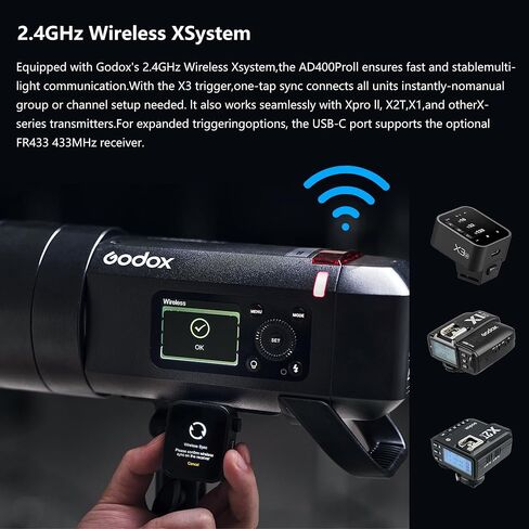 Godox AD400 Pro II Flash Strobe Light ، 0.01-1S Recycle 1/8000S HSS Outdoor Monilight BL-Color مع نظام لاسلكي X Wireless ، ومزامنة واحدة مع بطارية X3 قابلة لإعادة الشحن و Bowens Mount (ترقية AD400PRO) in Kuwait