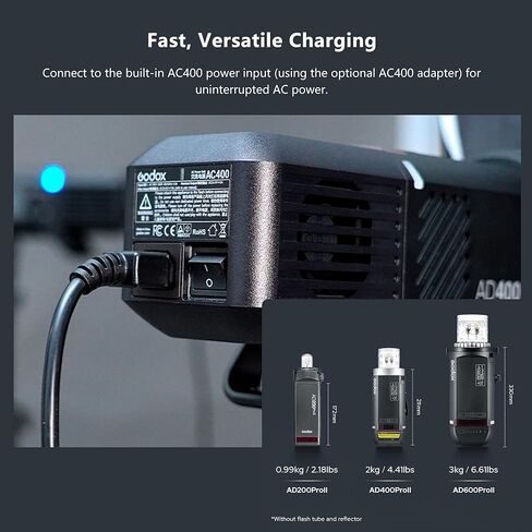 Godox AD400 Pro II Flash Strobe Light ، 0.01-1S Recycle 1/8000S HSS Outdoor Monilight BL-Color مع نظام لاسلكي X Wireless ، ومزامنة واحدة مع بطارية X3 قابلة لإعادة الشحن و Bowens Mount (ترقية AD400PRO) in Kuwait