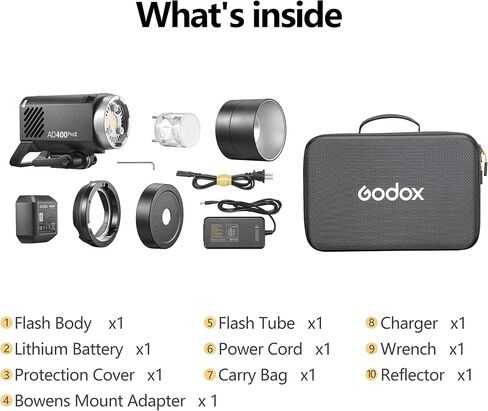 Godox AD400 Pro II Flash Strobe Light ، 0.01-1S Recycle 1/8000S HSS Outdoor Monilight BL-Color مع نظام لاسلكي X Wireless ، ومزامنة واحدة مع بطارية X3 قابلة لإعادة الشحن و Bowens Mount (ترقية AD400PRO) in Kuwait