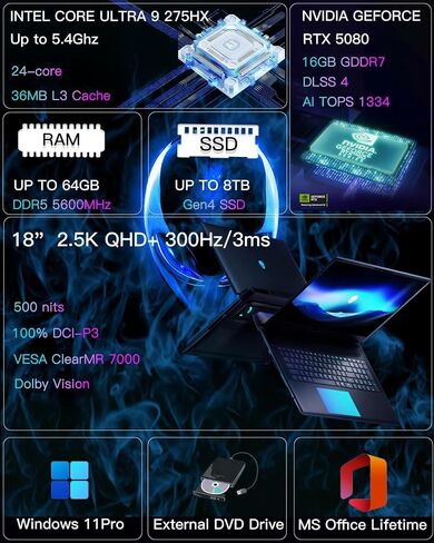 Alienware (2025) 18 Area-51 Gaming Laptop • Intel Ultra 9 275Hx • GeForce RTX 5080 16GB GDDR7 • 18 "QHD+ 3000Hz ، Wi-Fi 7 ، AI NPU in Kuwait