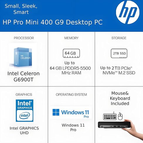 HP Pro Mini 400 G9 Business Mini PC Desktop Computer, Intel CPU, 16GB RAM, 1TB SSD, USB-C, WiFi 6, Bluetooth 5.2, Dual 4K Display Support, Windows 11 Pro, Keyboard and Mouse Included in Saudi Arabia