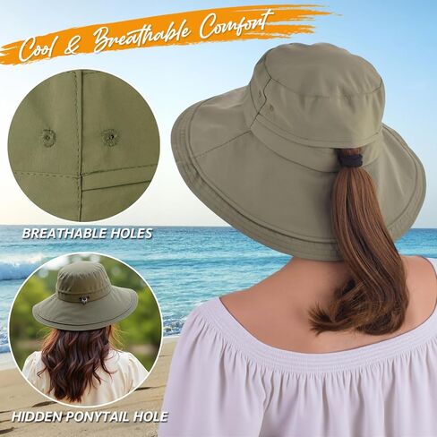 Waterproof Wide Brim Bucket Hat, Womens Sun Hat with Ponytail Hole, Bendable Brim Cowboy Hat for Beach Fishing Gardening in Saudi Arabia