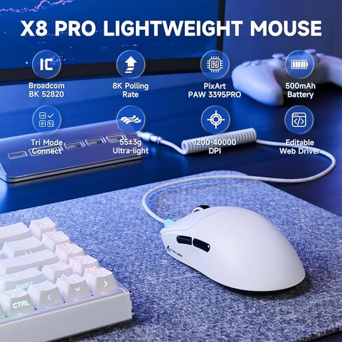 Attack Shark X8 PRO 8K Wireless Gaming Mouse,PAW3395PRO 40K DPI Sensor,Tri-Mode Broadcom BK52820 Chip,Superlight Ergonomic Mouse for Large Hands,Cloud-Based Software,for Win/Mac(White) in Kuwait