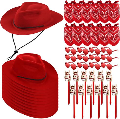 Xtinmee 48 Pcs Cowboy Party Costume Set Include Cowboy Hats Paisley Bandanas Inflatable Stick Horses Heart Shaped Glasses in Kuwait