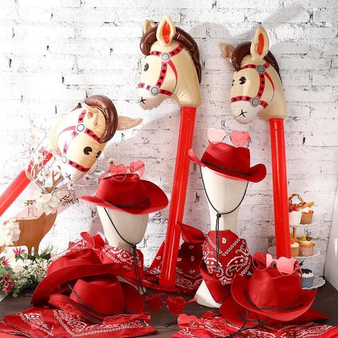 Xtinmee 48 Pcs Cowboy Party Costume Set Include Cowboy Hats Paisley Bandanas Inflatable Stick Horses Heart Shaped Glasses in Kuwait