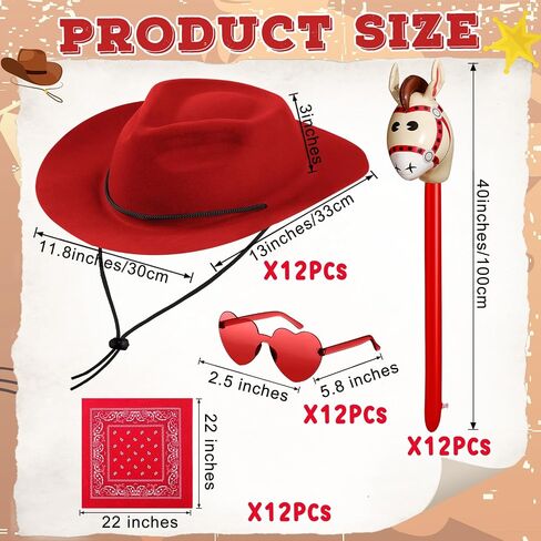 Xtinmee 48 Pcs Cowboy Party Costume Set Include Cowboy Hats Paisley Bandanas Inflatable Stick Horses Heart Shaped Glasses in Kuwait