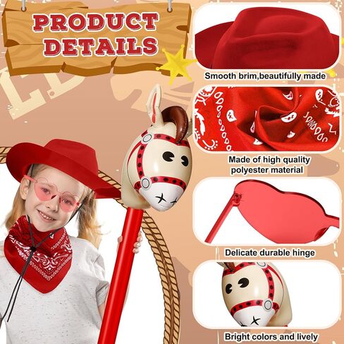 Xtinmee 48 Pcs Cowboy Party Costume Set Include Cowboy Hats Paisley Bandanas Inflatable Stick Horses Heart Shaped Glasses in Kuwait