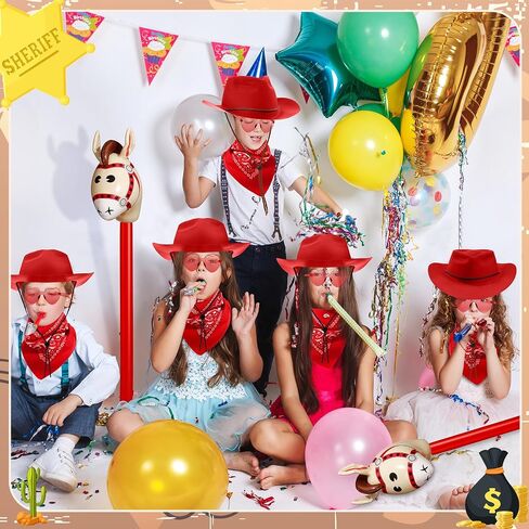 Xtinmee 48 Pcs Cowboy Party Costume Set Include Cowboy Hats Paisley Bandanas Inflatable Stick Horses Heart Shaped Glasses in Kuwait