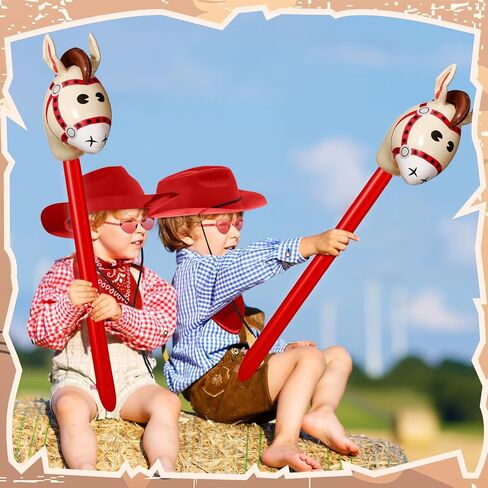 Xtinmee 48 Pcs Cowboy Party Costume Set Include Cowboy Hats Paisley Bandanas Inflatable Stick Horses Heart Shaped Glasses in Kuwait