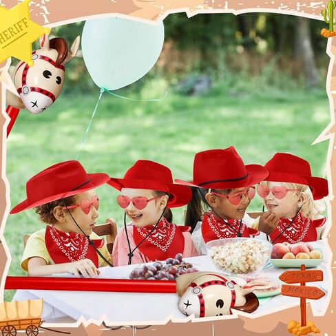 Xtinmee 48 Pcs Cowboy Party Costume Set Include Cowboy Hats Paisley Bandanas Inflatable Stick Horses Heart Shaped Glasses in Kuwait