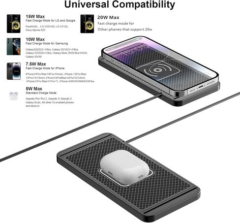 Wireless Car Charger Pad 15W Fast Wireless Cell Phone Charging Pad - Non-Slip Wireless Charging Pad with 40" Cable for iPhone 16 15 14 13 12 Series - Samsung Galaxy S24 Ultra S23 S22 (Type-C) in Saudi Arabia