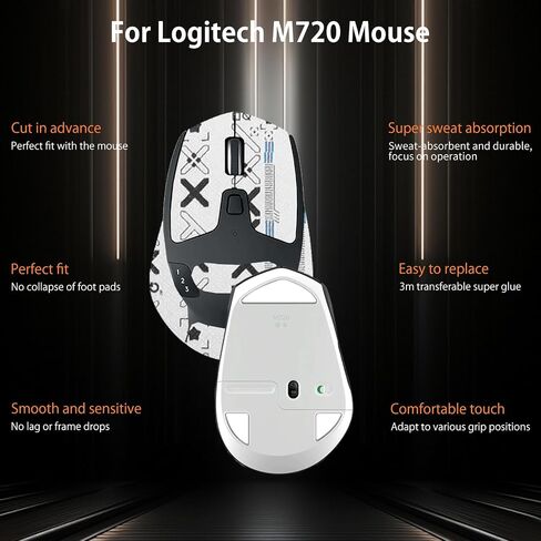 شريط قبضة الماوس لـ Logitech M720 ، حواف منحنية مدورة الزلاجات ، طقم ترقية الفئران المهنية المقاومة للعرق (لوحة القدم + شريط قبضة الماوس الأبيض) in Kuwait