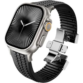 Sport Band for Apple Watch Ultra 3 2 Band 49mm 46mm 45mm 44mm , Men Rugged Silicone Rubber Waterproof Strap with Metal 316L Stainless Steel Connector & Folding Clasp for iWatch Series 11 10 9 8 7 6 5 4 SE 3 2 1 in Saudi Arabia