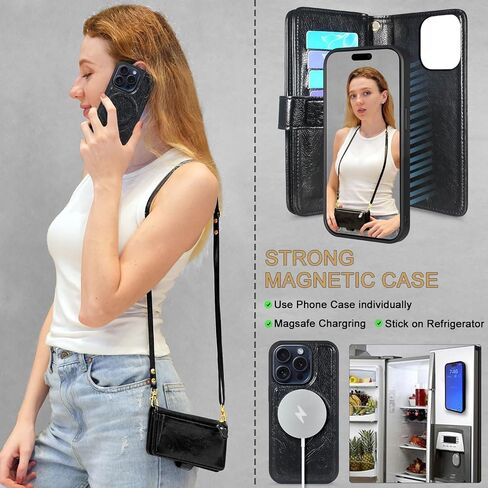 Lacass for iPhone 15 Pro 6.1 حالة محفظة Crossbody قابلة للفصل ، متوافقة مع شحن Magsafe اللاسلكي ، [حماية المسح الضوئي للبطاقات] ، سستة من الجلد المغناطيسي (Green Green) in Saudi Arabia