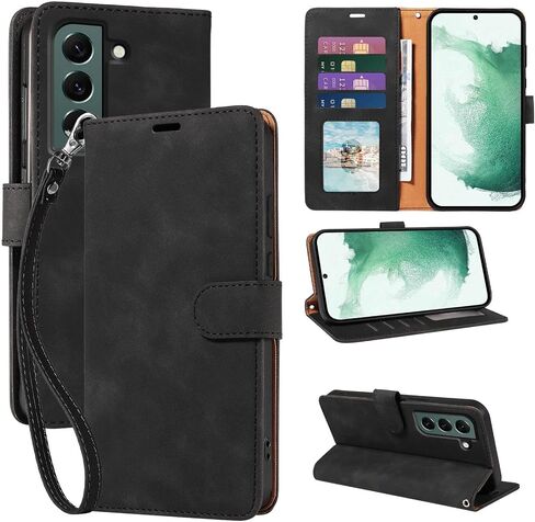 for Galaxy S22 Case Wallet, RFID Blocking 4 Card Slots Holder, Wrist Strap, Shockproof Protective, Stand Soft PU Leather Folio Flip Cover for Samsung S22 Case 6.1 inch (Black) in Kuwait