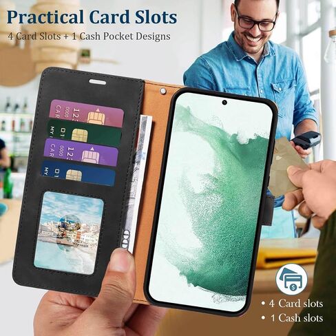for Galaxy S22 Case Wallet, RFID Blocking 4 Card Slots Holder, Wrist Strap, Shockproof Protective, Stand Soft PU Leather Folio Flip Cover for Samsung S22 Case 6.1 inch (Black) in Kuwait