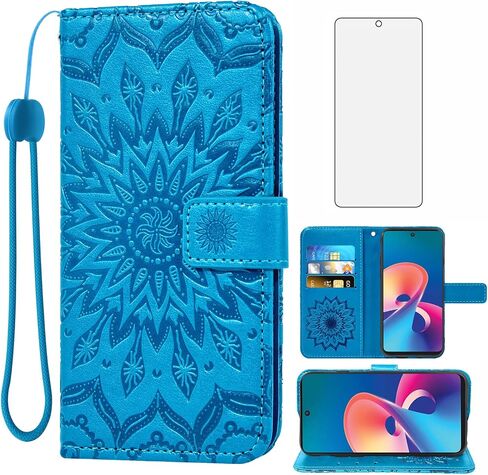 Phone Case for TCL 50 XE NxtPaper/TCL 50 XE 5G/TCL 50 5G Wallet with Tempered Glass Screen Protector and Sunflower Leather Slim Flip Cover Card Holder Stand Cell Accessories TCL50 50XE Women Men Blue in Saudi Arabia