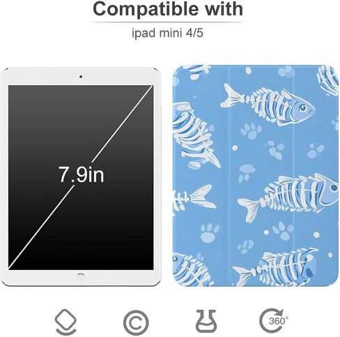 عظام الأسماك ومطبوعات المطبوعات مع حامل القلم رفيع الخفيفة الوزن Trifold حامل متوافق مع iPad Mini 4/5/6 Mini4/5 （7.9in） in Kuwait