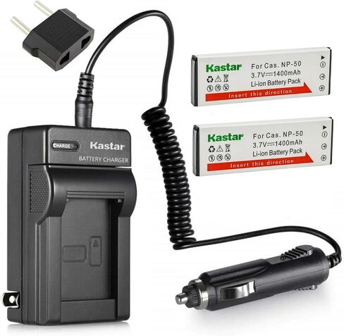 Kastar 2-Pack Battery and AC Charger with Car Adapter Compatible with Casio NP-50 CNP-50 NP-50DBA Battery, Exilim Hi-Zoom EX-V7, Exilim Hi-Zoom EX-V7SR, Exilim Hi-Zoom EX-V8, Exilim Hi-Zoom EX-V8SR in Saudi Arabia