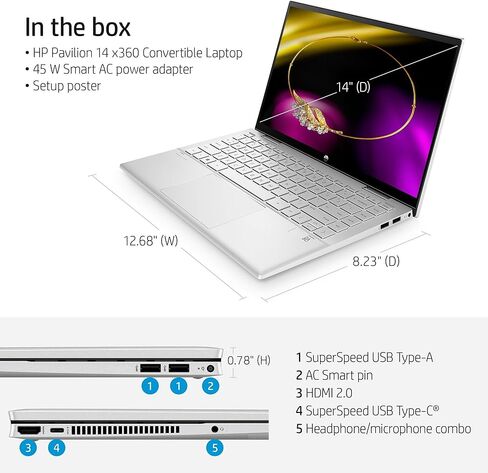 HP 14 "FHD Pavilion X360 محمول قابلة للتحويل ، Intel Core I5-1235U ، ذاكرة الوصول العشوائي 8 جيجا بايت ، SSD 256 جيجا بايت ، فضية طبيعية ، ويندوز 11 الصفحة الرئيسية ، 14-DY2050WM in Kuwait