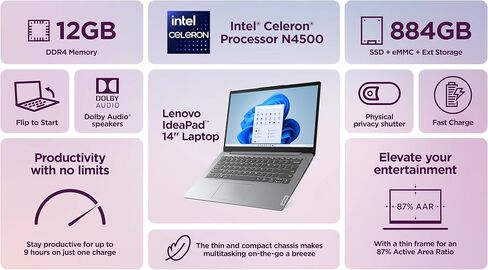 Lenovo IdeaPad Laptop Business Student 2025 ، عرض 14 بوصة ، معالج Intel Dual Core ، 20 تيرابايت ذاكرة الوصول العشوائي in Kuwait