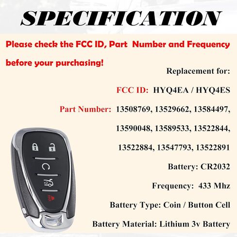 Key Fob Replacement Fits for Chevrolet Malibu Camaro 2016 2017 2018 2019 2020 2021 2022 2023 2024 2025 Cruze 16-19 Smart Proximity Keyless Entry Remote Start HYQ4EA HYQ4ES 13508769 433 MHz in Saudi Arabia