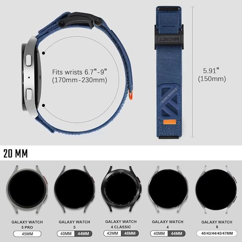 متوافق مع Samsung Galaxy Watch 7 6 5 4 Fe Band 40mm 44mm/Watch 6 4 Classic 47mm 43mm 46mm 46mm/5 Pro 45mm/Watch 3 Classic 41mm/Active 2 ، 20mm Nylon Magnetic Snap Brapplic Band for Men Band Band Band Band For Men in Saudi Arabia