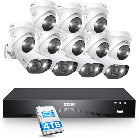 ZOSI 4K PoE Security Camera System,Person Vehicle Detection,2 Way Audio,Sound&Light Siren,Dual Disk Backup,12pcs 4K Spotlight Outdoor PoE Cameras,4K 16 Port 24CH NVR with 4TB HDD for 24/7 Recording in Kuwait