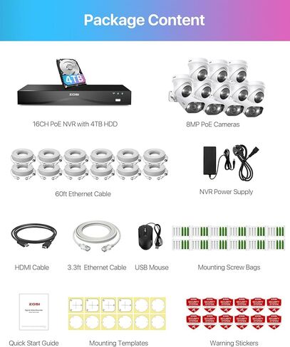 ZOSI 4K PoE Security Camera System,Person Vehicle Detection,2 Way Audio,Sound&Light Siren,Dual Disk Backup,12pcs 4K Spotlight Outdoor PoE Cameras,4K 16 Port 24CH NVR with 4TB HDD for 24/7 Recording in Kuwait