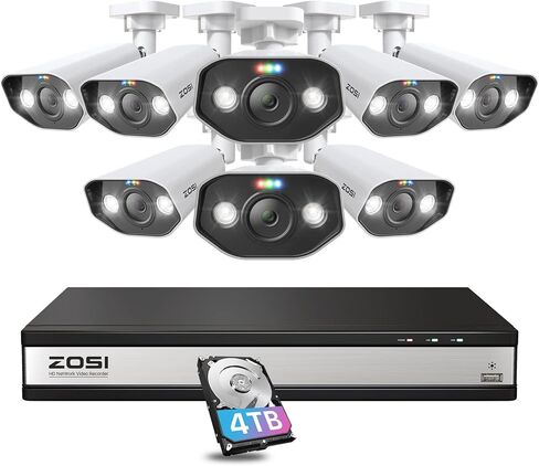 Zosi 4k Poe Camera Camera System ، الكشف عن مركبات الشخص ، صوتية ، صوتية ، صفارات الإنذار الصوتية والضوء ، نسخة احتياطية من القرص المزدوج ، 12pcs 4k spotlight كاميرات بو في الهواء الطلق ، 4K 16 Port 24ch NVR مع 4TB HDD لمدة 24/7 in Kuwait