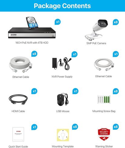 Zosi 4k Poe Camera Camera System ، الكشف عن مركبات الشخص ، صوتية ، صوتية ، صفارات الإنذار الصوتية والضوء ، نسخة احتياطية من القرص المزدوج ، 12pcs 4k spotlight كاميرات بو في الهواء الطلق ، 4K 16 Port 24ch NVR مع 4TB HDD لمدة 24/7 in Kuwait